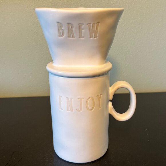 Rae Dunn STUDIO BY MAGENTA Pour Over Drip Coffee Set BREW and ENJOY White Beige - Picture 1 of 14